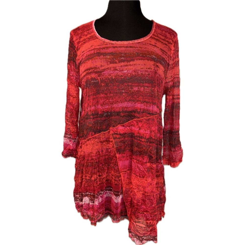 Madie Sheer Tunic by‎ Liv Women Sz L Red Art to Wear Boho Festival Asymmetrical